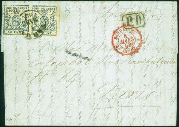 Antichi Stati Italiani - Parma - Lettera affrancata con coppia orizzontale del 40 cent azzurro (11 cat.22000)