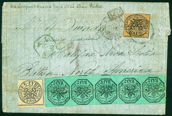 Antichi Stati Italiani - Stato Pontificio - Lettera (4c) + 4 baj + striscia di cinque esemplari del 7 baj azzurro