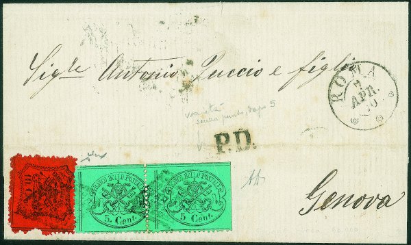 Antichi Stati Italiani - Stato pontificio - Lettera affrancata con coppia del 5 cent azzurro chiaro