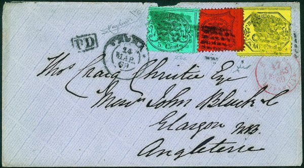 Antichi Stati Italiani - Stato pontificio - Affrancature tricolore per la Scozia su bustina da Roma 24 MAR.69