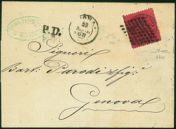 Antichi Stati Italiani - Stato pontificio - Lettera per Genova affrancata con 20 cent rosso bruno (27c cat.3000)