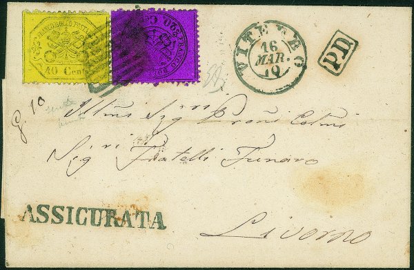 Antichi Stati Italiani - Stato pontificio - Lettera assicurata da Viterbo 16 MAR.70