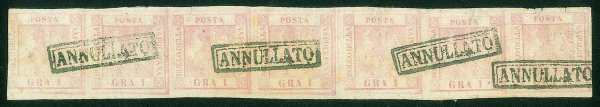 Antichi Stati Italiani - Napoli - 1858 - Striscia di sette esemplari del 1 grano rosa chiaro (3 cat.9000 stimato 27000)