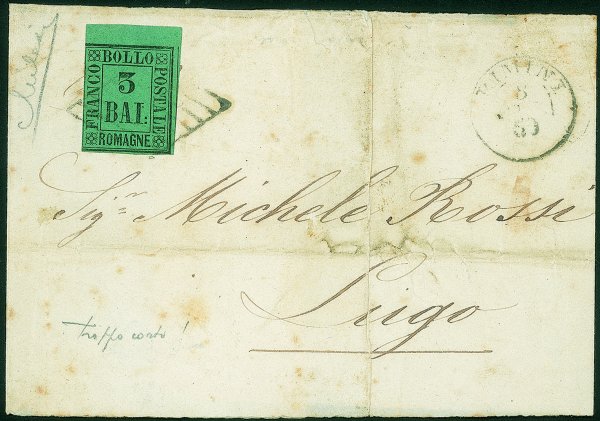 Antichi Stati Italiani - Romagne - Sopracoperta di lettera affrancata con 3 bai verde (4)