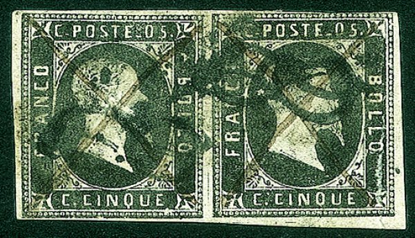 Antichi Stati Italiani - Sardegna - 1851 - Coppia orizzontale del 5 cent (1d)