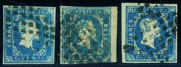Antichi Stati Italiani - Sardegna - 1851 - Lotto di tre esemplari del 20 cent azzurro (2)
