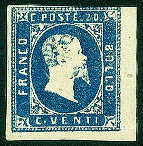 Antichi Stati Italiani - Sardegna - 1851 - 20 cent azzurro scuro (2b cat.28000)