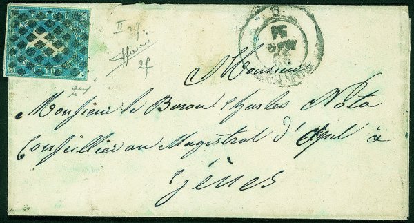 Antichi Stati Italiani - Sardegna - Piccola lettera affrancata con 20 cent azzurro chiaro da Torino 22 MAG.51 per Genova
