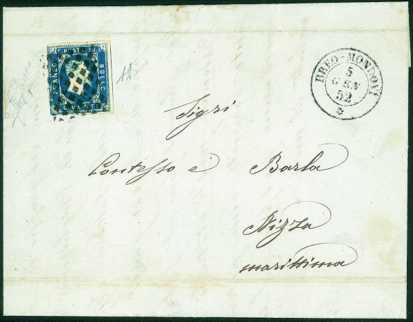 Antichi Stati Italiani - Sardegna - Lettera affrancata con 20 cent azzurro scuro (2b)