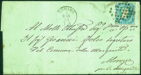 Antichi Stati Italiani - Sardegna - Lettera affrancata con 20 cent azzurro chiaro (2f cat.2100)