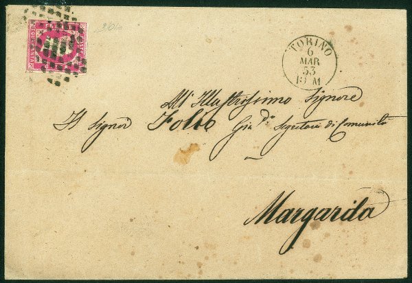 Antichi Stati Italiani - Sardegna - Lettera affrancata con 40 cent rosa carminio prima emissione (3 cat.45000)