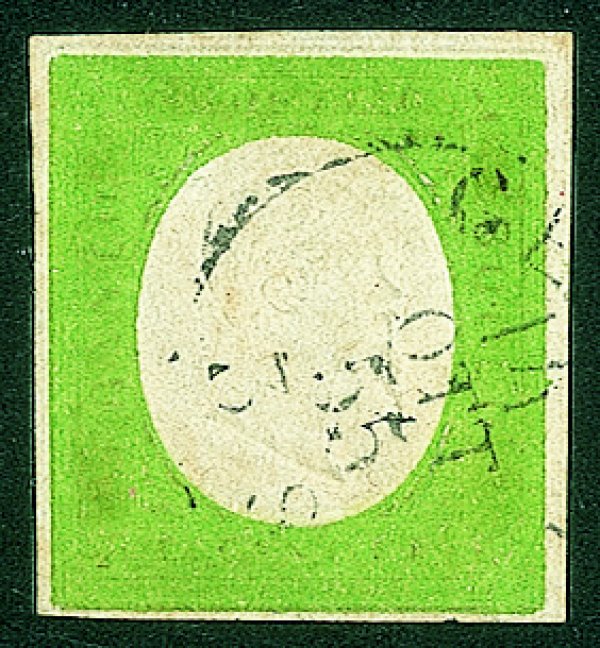 Antichi Stati Italiani - Sardegna - 1854 - 5 cent verde giallo con doppia impronta a secco (7f cat.3500)