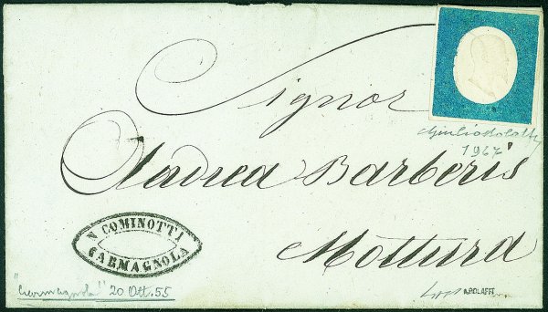 Antichi Stati Italiani - Sardegna - 1855 - 20 cent azzurro non annullato