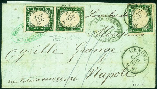 Antichi Stati Italiani - Sardegna - Lettera affrancata con coppia verticale + singolo del 5 cent verde mirto (13A)