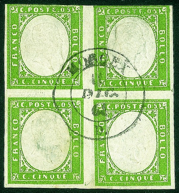 Antichi Stati Italiani - Sardegna - 1861 - quartina del 5 cent verde oliva (13Bc cat.16000)
