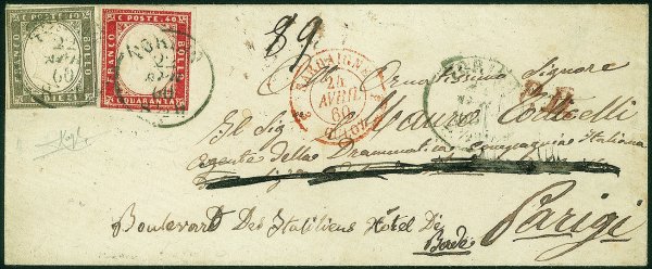 Antichi Stati Italiani - Sardegna - Bustina affrancata con 10 cent bruno grigiastro + 40 cent vermiglio mattone (14Bd + 16Ba)