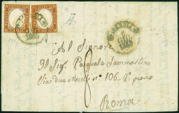 Antichi Stati Italiani - Sardegna - Due esemplari del 10 cent arancio brunastro (14Dg)