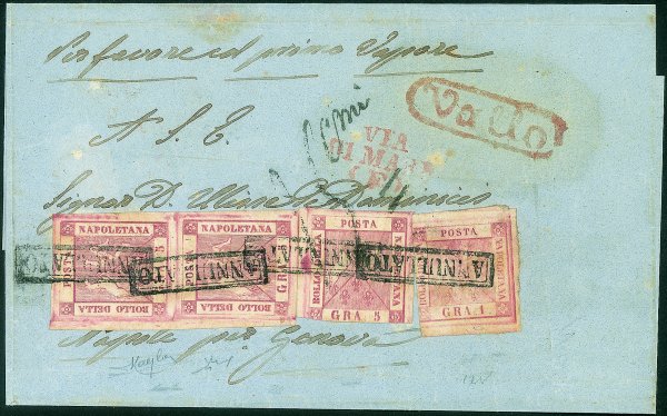 Antichi Stati Italiani - Napoli - Lettera del 5 marzo 1858 da Vallo per Genova con 1 gr. rosa chiaro