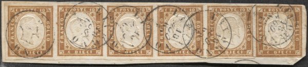 Antichi Stati Italiani - Sardegna - Frammento recante striscia di cinque più esemplare del 10 cent arancio rossastro