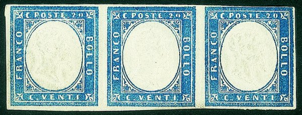 Antichi Stati Italiani - Sardegna - 1860 - striscia orizzontale di tre 20 cent azzurro (15Ca)