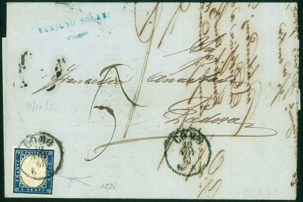 Antichi Stati Italiani - Sardegna - Lettera affrancata con 20 cent cobalto oltremare (15Di cat.3500)