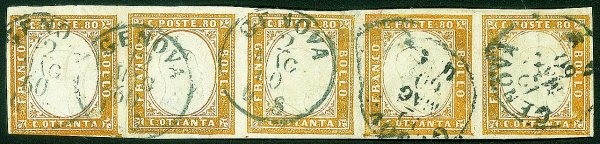 Antichi Stati Italiani - Sardegna - 1858 - Striscia orizzontale di cinque del 80 cent giallo arancio chiaro (17B cat.18000)