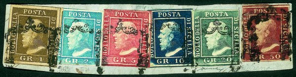 Antichi Stati Italiani - Sicilia - Frammento con affrancatura esacolore (3a + 8 + 9 + 12 + 13 + 14)