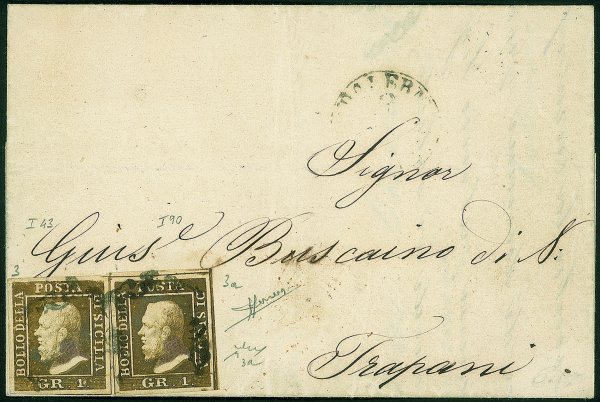 Antichi Stati Italiani - Sicilia - Lettera affrancata con 1 grano bruno ruggine I tavola pos.43 + 1 grano bruno ruggine intenso I tavola pos.90 (3 + 3a cat.17500)