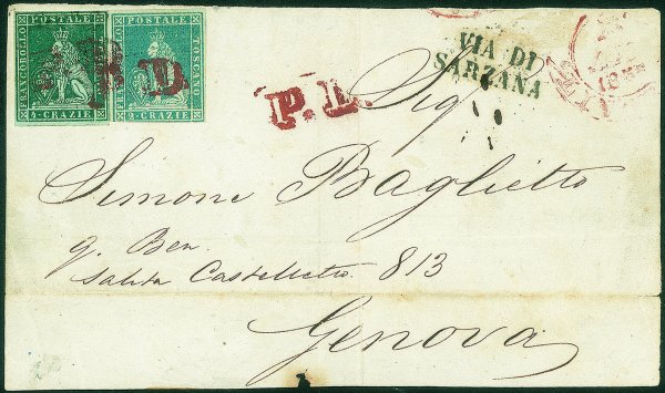 Antichi Stati Italiani - Toscana - Frontespizio di lettera affrancato con 2 crazie azzurro chiaro su grigio + 4 crazie verde su grigio (5+6 cat.1250)