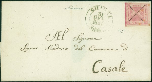 Antichi Stati Italiani - Napoli - Lettera da CHIETI 31 GEN. 1858 a Casale