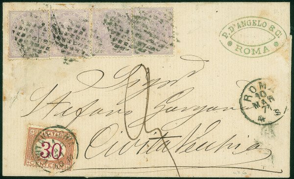 Regno - Vittorio Emanuele II - Lettera affrancata con cinque esemplari del 5 cent violetto
