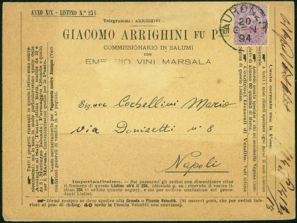 Regno - Umberto I - Listino affrancato per triplo porto con 60 cent violetto Umberto (47 cat.950)