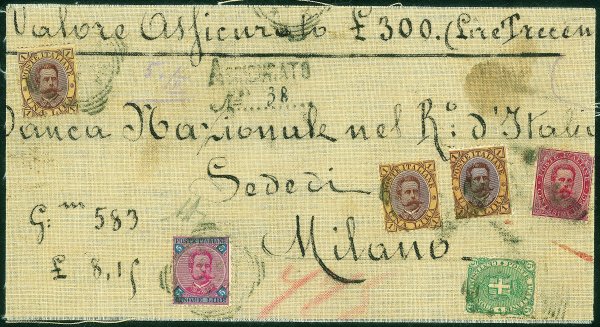 Regno - Umberto I - Frontespizio di busta telata affrancato per 8,15 lire e assicurato per 300 lire diretto a Milano