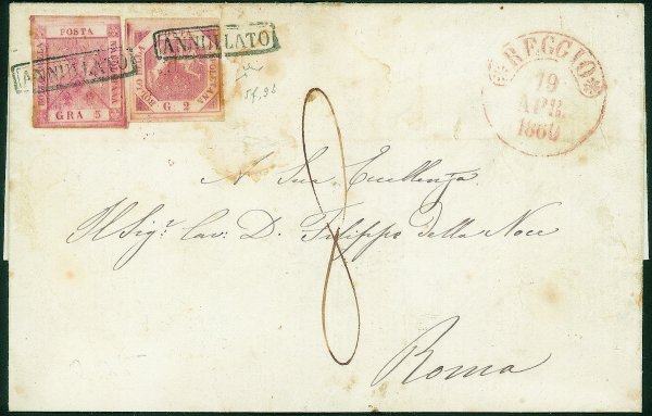 Antichi Stati Italiani - Napoli - Lettera affrancata con 2 grana carminio I tavola + 5 grana carminio scuro II tavola (5e + 9b)