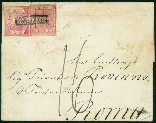 Antichi Stati Italiani - Napoli - Lettera affrancata con 5 grana rosa carminio II tavola + un falso per posta del 10 grana carminio III tipo (9 + F5 cat.20000)