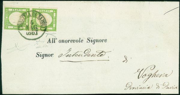 Antichi Stati Italiani - Napoli - Lettera affrancata con coppia verticale del 1/2 tornese verde oliva (17b cat.7000)