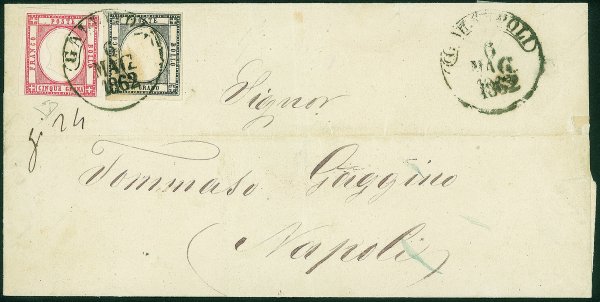 Antichi Stati Italiani - Province Napoletane - Lettera con affrancatura bicolore composta da 1 grano nero + 5 grana rosa (19 + 21e cat.1800)
