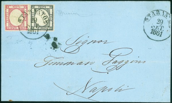 Antichi Stati Italiani - Napoli - Lettera con affrancatura bicolore composta da 1 grano nero + 5 grana rosa (19 + 21e cat.1800)