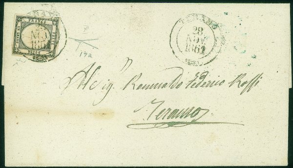 Antichi Stati Italiani - Province Napoletane - Lettera affrancata con 1 grano grigio nero (19a)