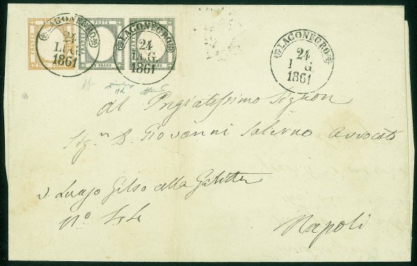 Antichi Stati Italiani - Province Napoletane - Lettera affrancata con coppia orizzontale del 1 grano grigio nero