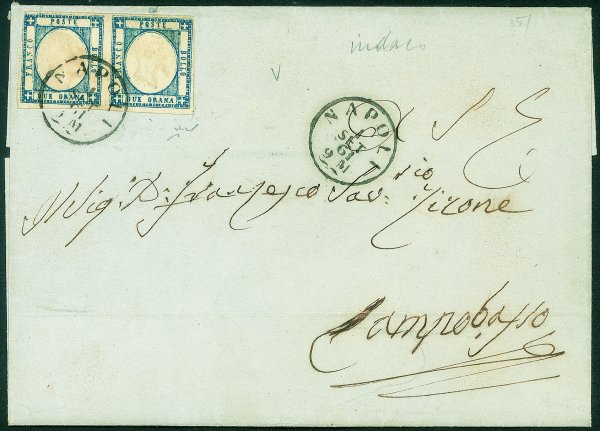 Antichi Stati Italiani - Province Napoletane - Lettera affrancata con coppia orizzontale del 2 grana indaco chiaro