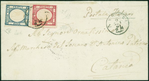 Antichi Stati Italiani - Napoli - Lettera affrancata con 5 grana rosso carminio + 2 grana indaco esemplare con due ritocchi (20e + 21 cat.1350)