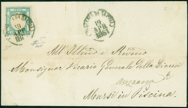 Antichi Stati Italiani - Province Napoletane - Lettera affrancata con 2 grana azzurro chiaro (20k)