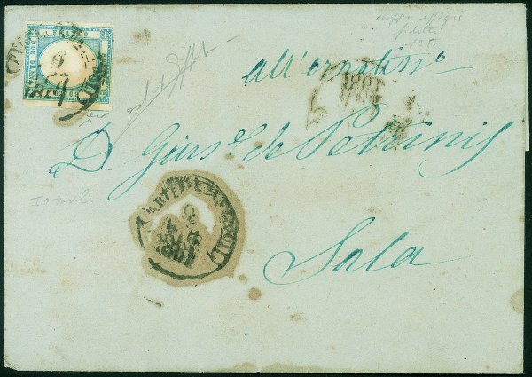 Antichi Stati Italiani - Province Napoletane - Lettera affrancata con 2 grana azzurro chiaro