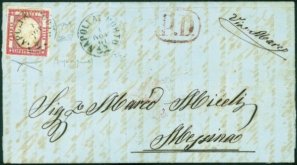 Antichi Stati Italiani - Province Napoletane - Lettera affrancata con 5 grana vermiglio (21a)