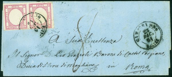 Antichi Stati Italiani - Province Napoletane - Lettera affrancata con coppia orizzontale del 5 grana rosa lilla (21b)