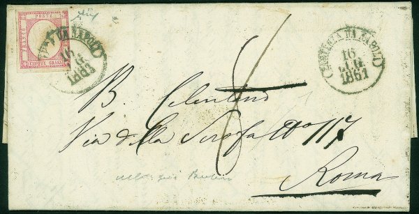 Antichi Stati Italiani - Province Napoletane - Lettera affrancata con 5 grana rosa lilla (21b cat.1650)