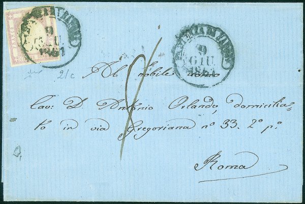 Antichi Stati Italiani - Province Napoletane - Lettera affrancata con 5 grana lilla (21c cat.2250)