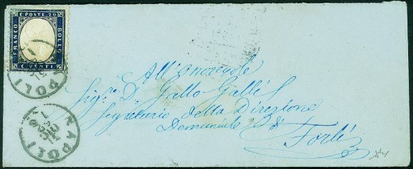 Antichi Stati Italiani - Province Napoletane - Bustina affrancata con 20 cent indaco (2 Regno - difetti)