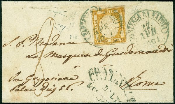 Antichi Stati Italiani - Province Napoletane - Falso dell'epoca - Falso per posta del 10 grana I tipo effige tipo A colore giallo ocra ben marginato (F5 cat.19500)